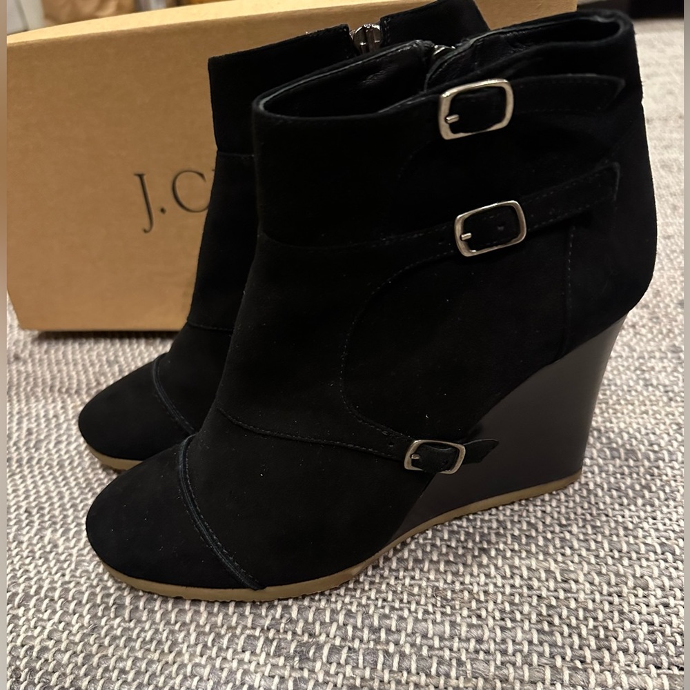 J. Crew black suede wedge booties 8.5